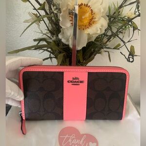 Coach Neon Pink and Brown Accordion Zip Around Wallet